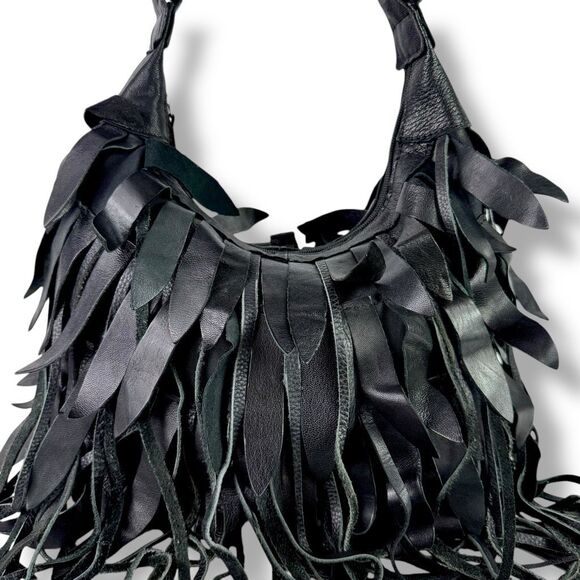 Bohemian Fringe Western Cowgirl Cowboy Rodeo Black Leather Hobo Shoulder Bag - Picture 3 of 12